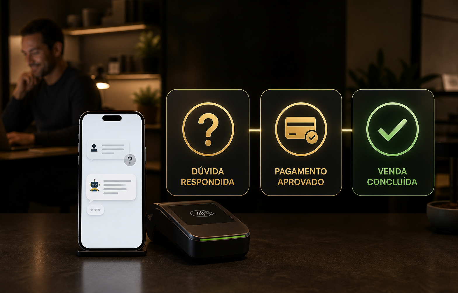 Automação responde dúvidas, confirma o pagamento e conclui a venda enquanto o dono trabalha tranquilo