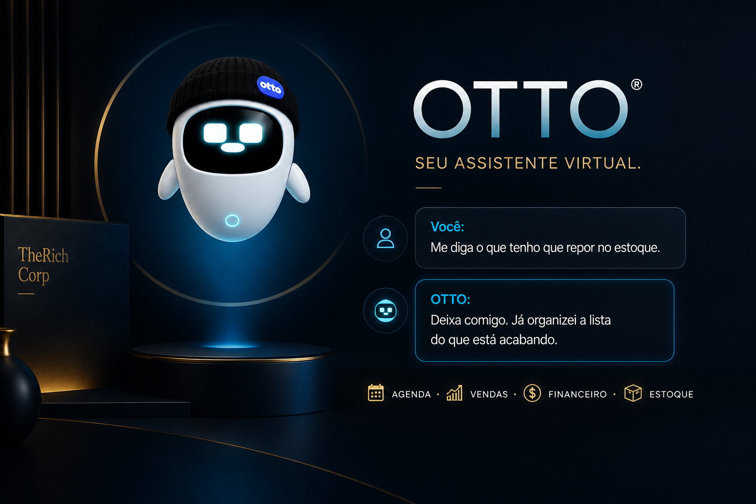 OTTO, assistente virtual da TheRich, organizando tarefas de agenda, vendas, financeiro e estoque