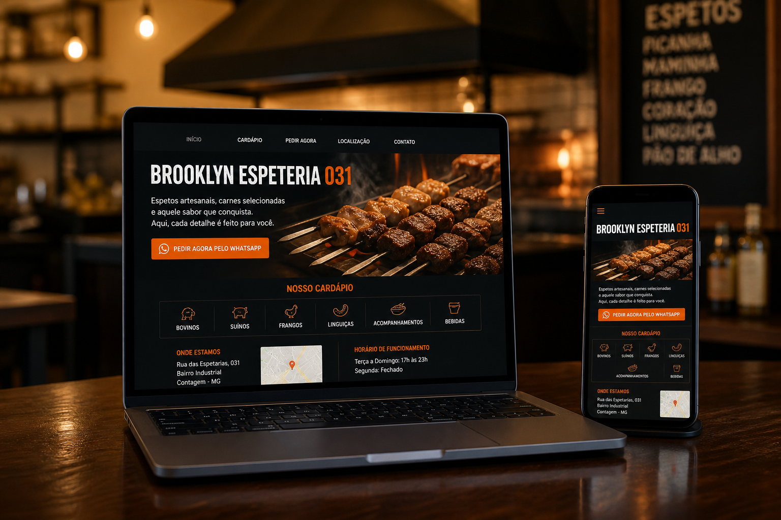 Site Brooklyn Espeteria 031 apresentado de forma compacta em notebook e celular dentro do restaurante