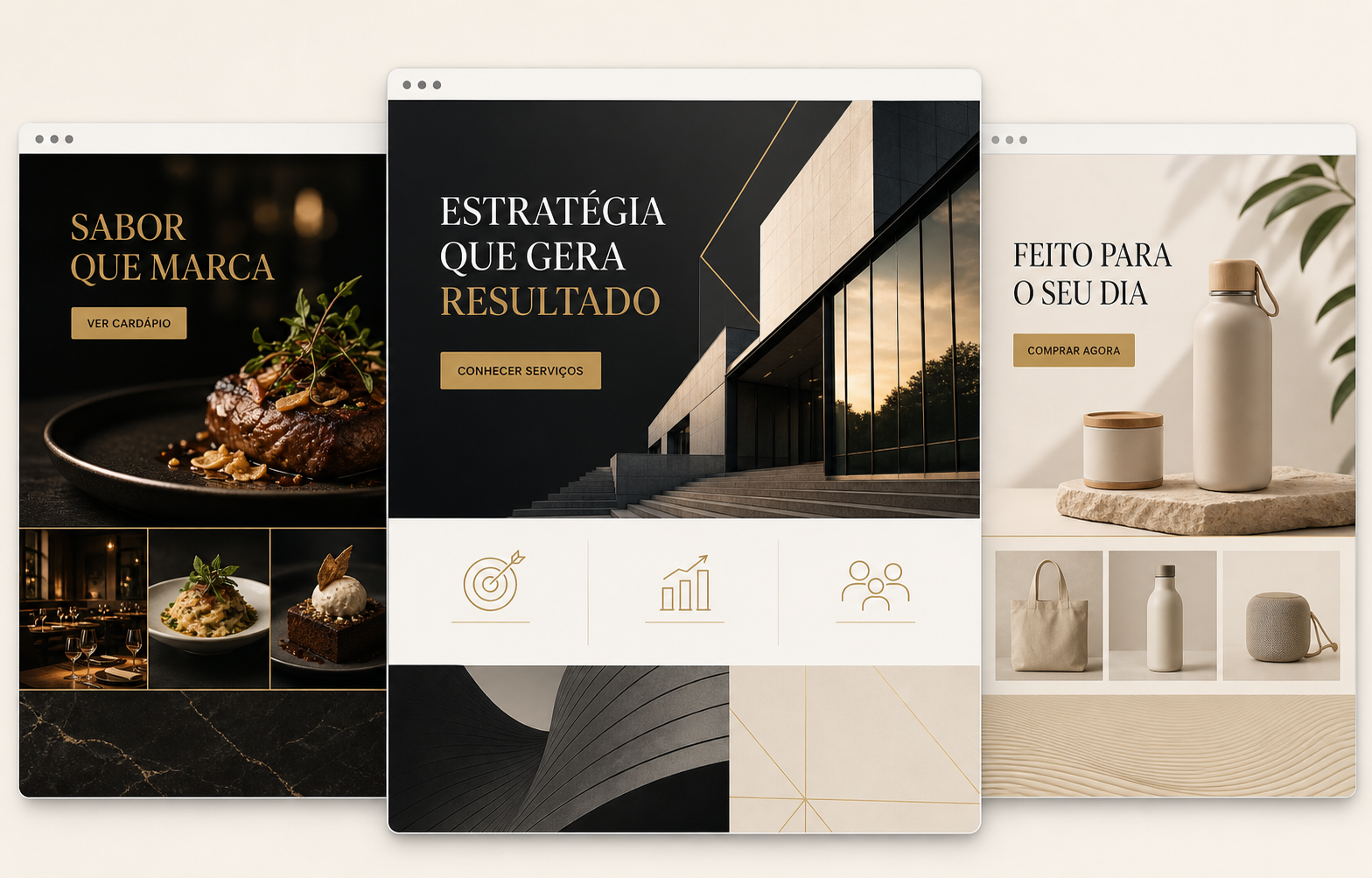 Carrossel profissional com exemplos de landing page para restaurante, empresa de serviços e produto