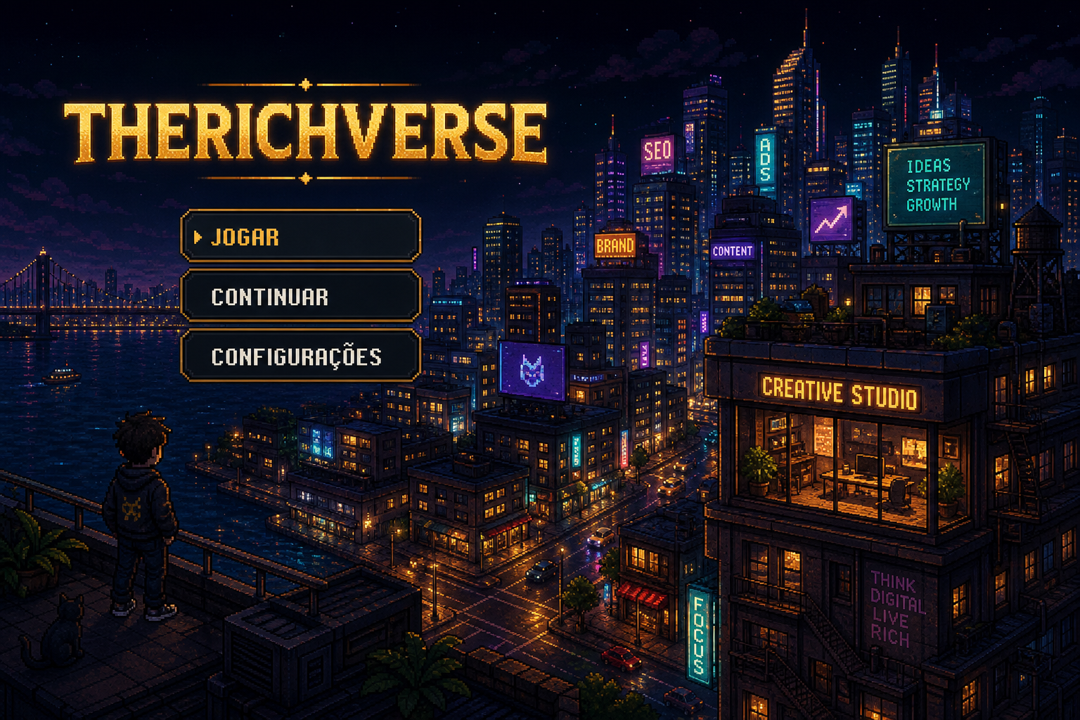 Menu do THERICHVERSE em pixel art 2D, com uma cidade digital explorável ao fundo